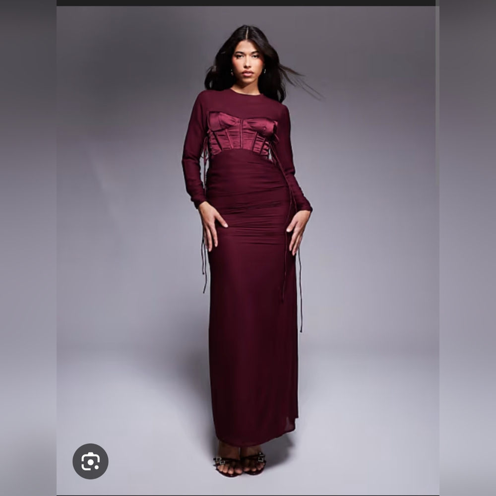 Elegant Burgundy Long Sleeve Dress Ruched Corset Satin , Color: Berry